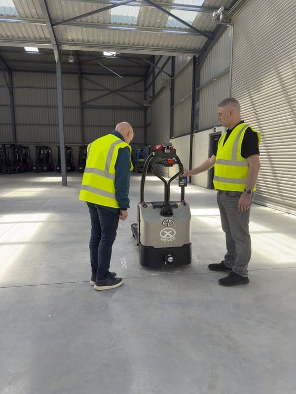 Close-up of an EP X-Mover automated pallet truck at the Navan demo warehouse