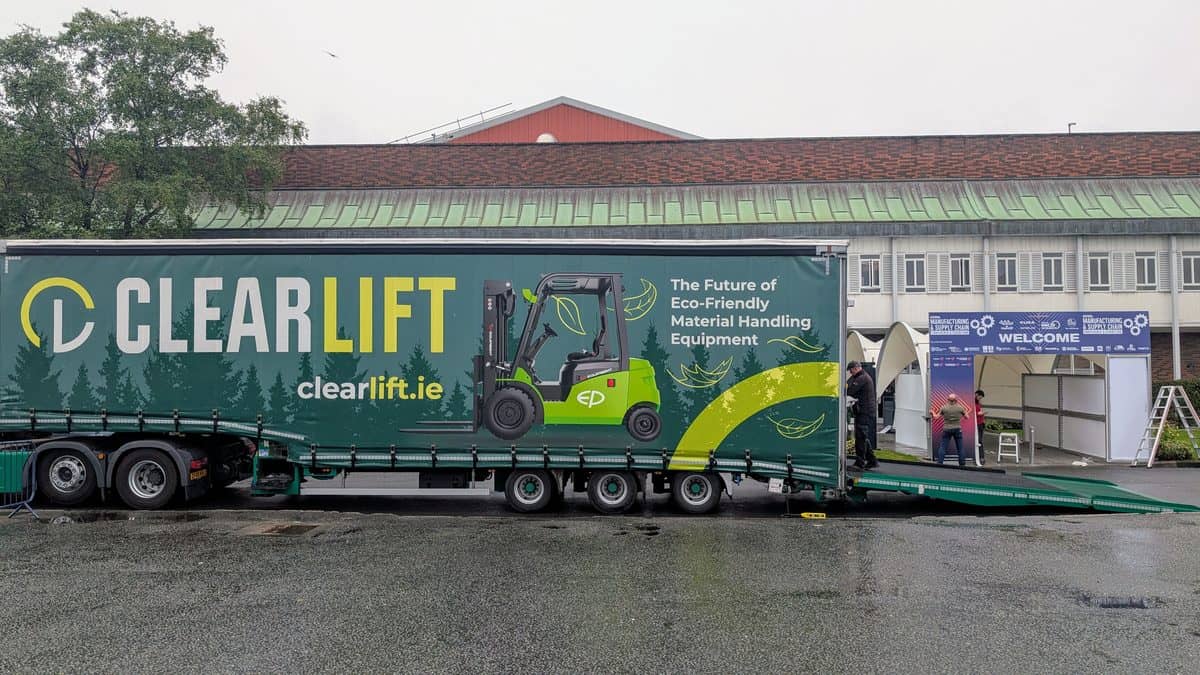 Clearlift's branded trailer, 'The Future of Eco-Friendly Material Handling Equipment', at an event