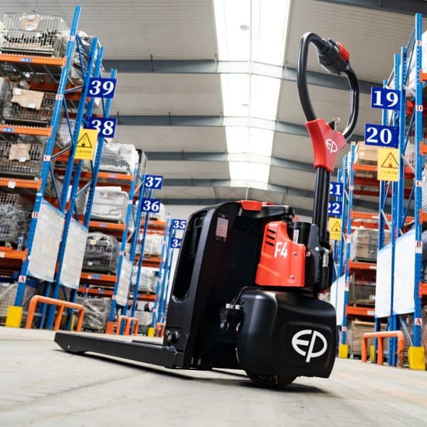 EP F4 electric pallet truck in a warehouse aisle