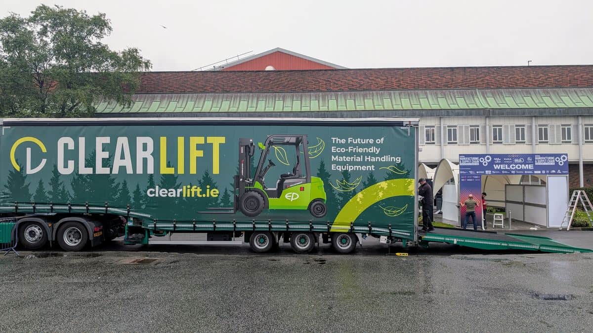 Clearlift delivery trailer with EP electric forklifts ready for a hire customer