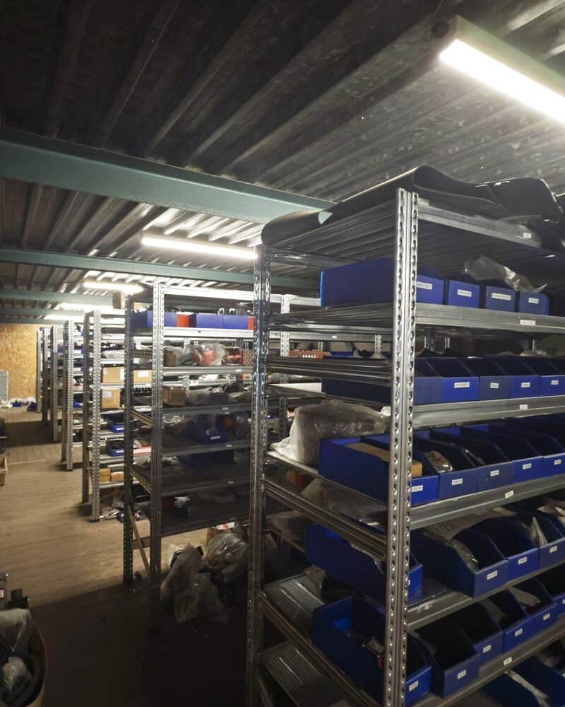 Racks of forklift spare parts in the Clearlift Northern Ireland parts store