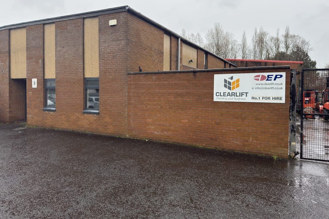 Clearlift Portadown office at Carn Industrial Estate, with Clearlift and EP signs on the wall