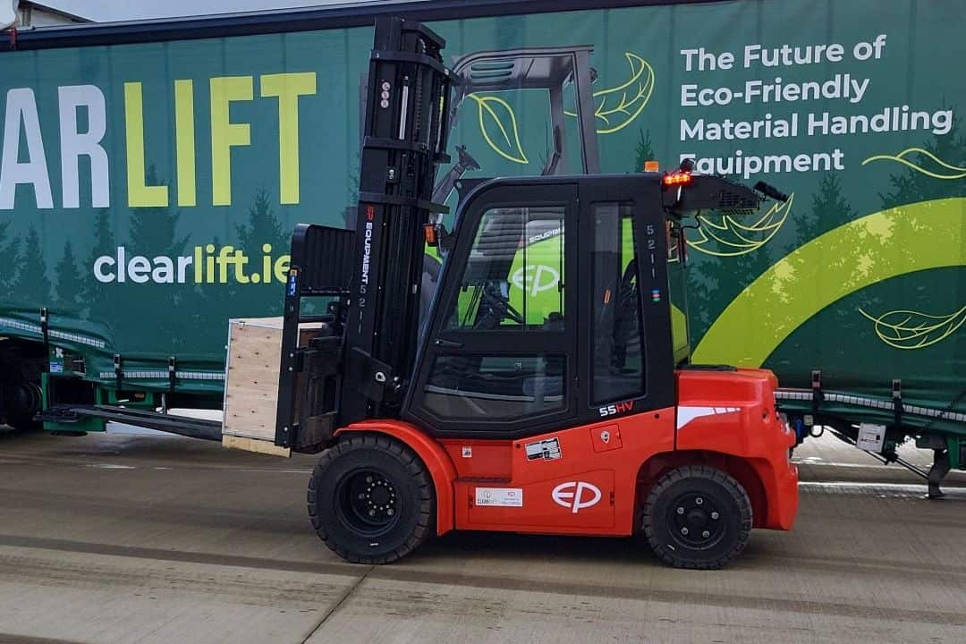 EP electric cab forklift ready for delivery in front of the Clearlift trailer