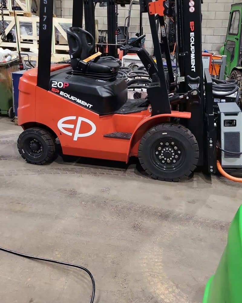 EP electric forklift in the Clearlift workshop, where parts are stocked