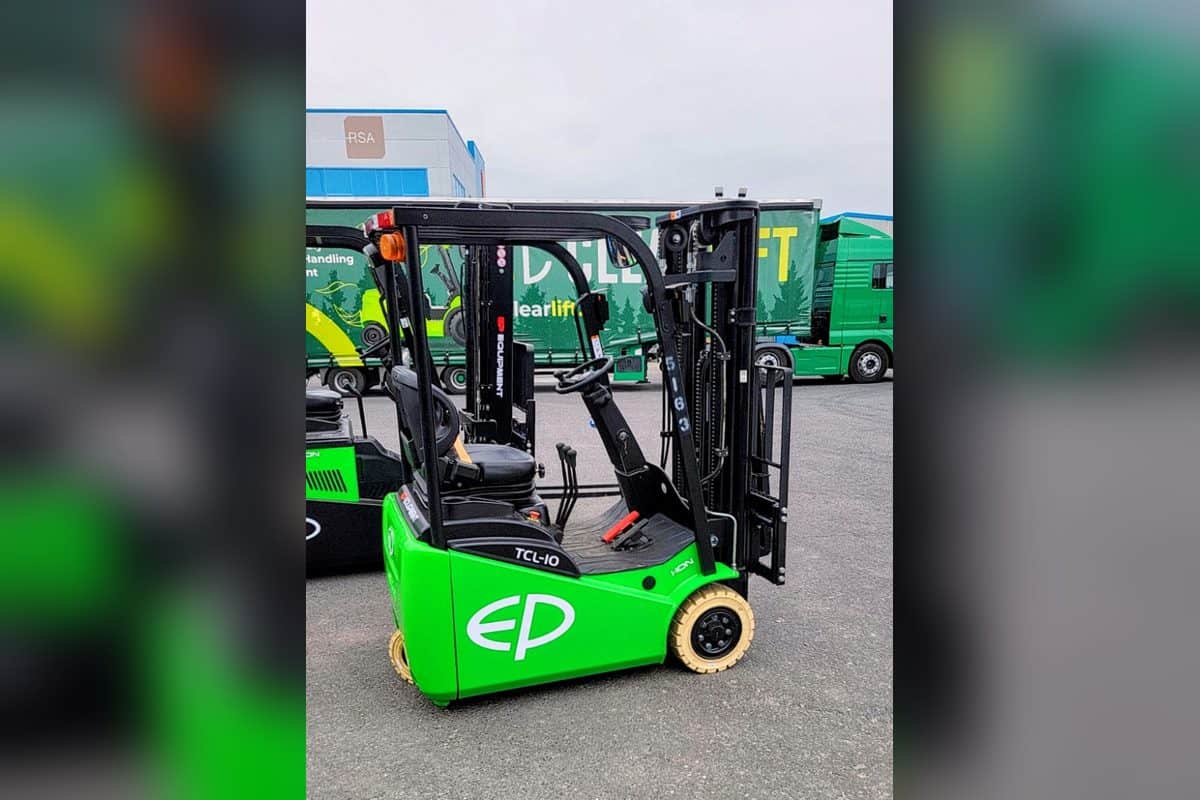 Green EP TCL101 3-wheel lithium-ion forklift at the Clearlift depot