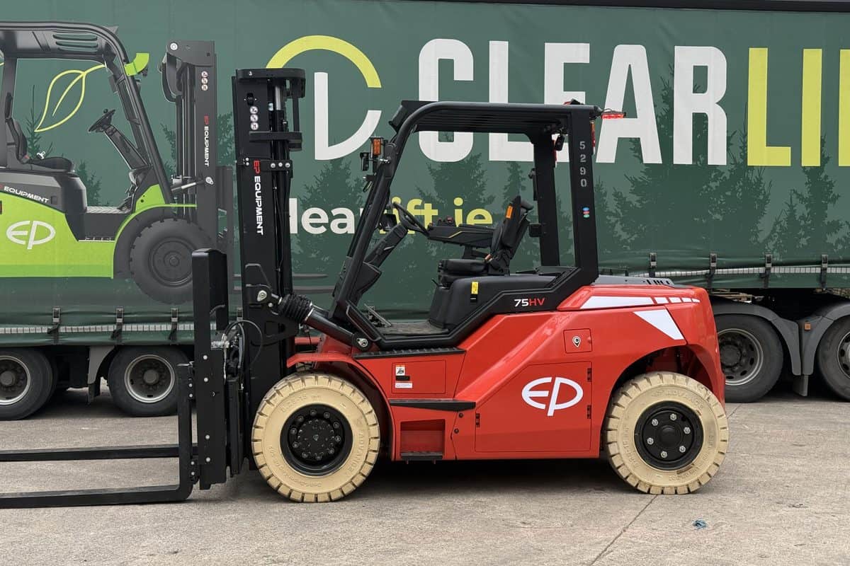 Side view of an EP heavy-duty electric forklift in the Clearlift yard