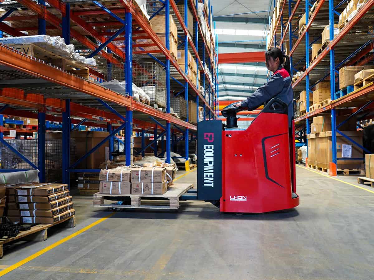 EP lithium-ion ride-on pallet truck in warehouse racking