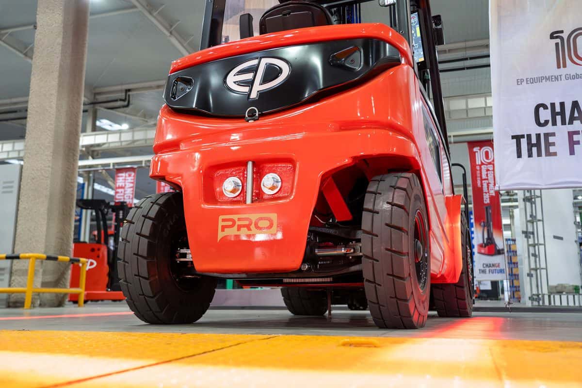 Rear view of an EP Pro electric forklift showing the PRO badge on the counterweight