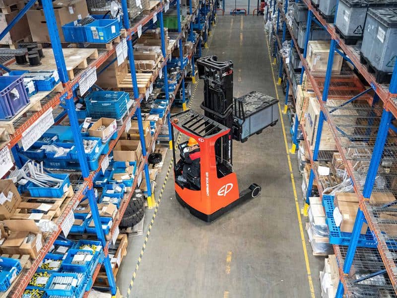 EP electric reach truck in a high-bay warehouse